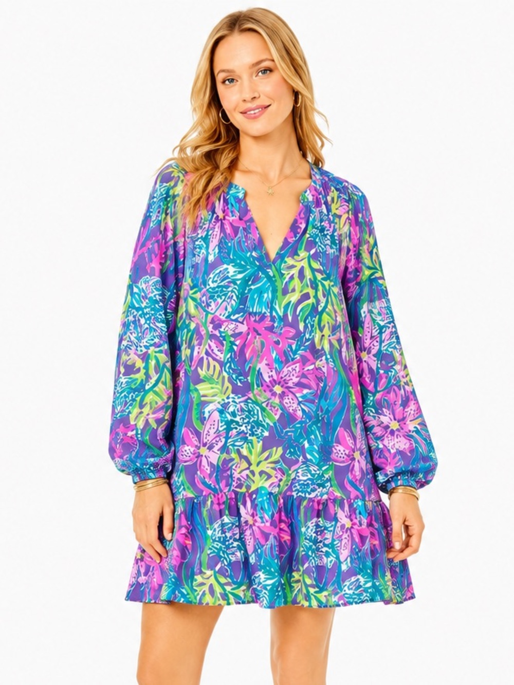 Lilly Pulitzer Lucee Dress Party All the Tide Tropical Floral Purple L
